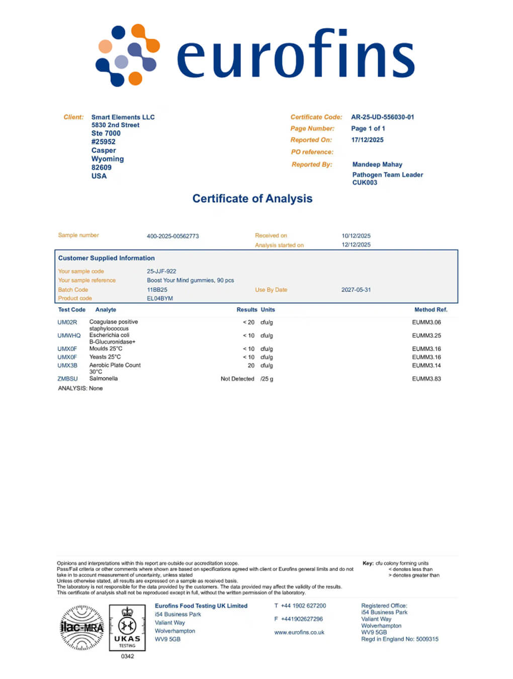 Eurofins independent lab test certificate.